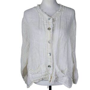 La Fixsun Linen Gauze Button-Up Shirt  M White Boxy Raw Hem Coastal Wedding USA